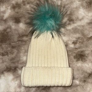 White & teal Pom beanie